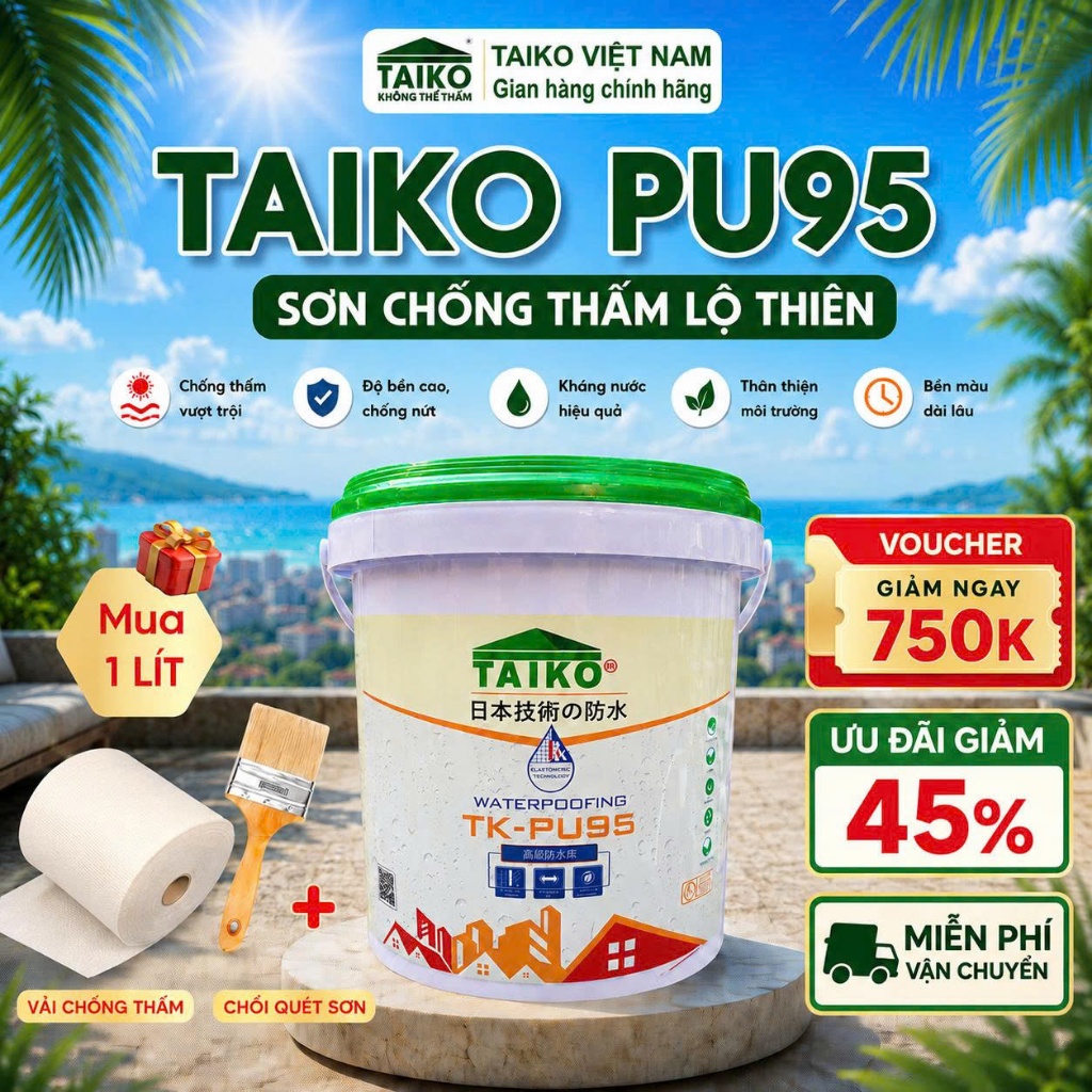 [18L] Sơn Chống Thấm PU (Polyurethane) TAIKO PU95 - Chống Thấm Sàn Lộ Thiên Đã Ốp Lát