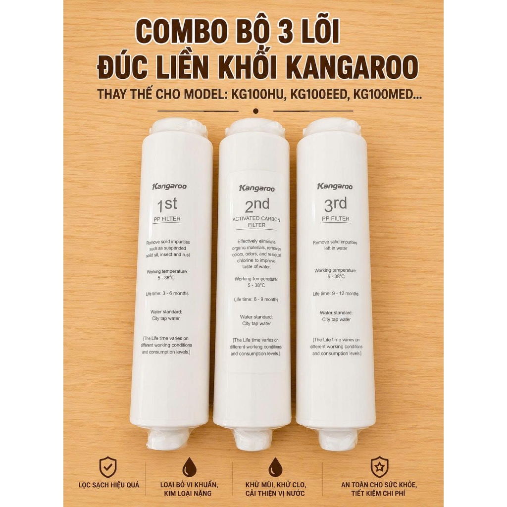 Bộ Lõi lọc nước Kangaroo 123 HU lõi đúc dành cho các máy KG100HU, KG100HU+, KG100MED, KG100EED ….