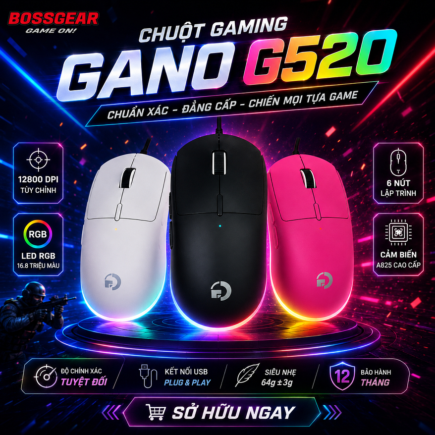 Chuột Gaming GANO G520, LED RGB, 12800 DPI, Có phần mềm riêng. Siêu nhẹ 64G.