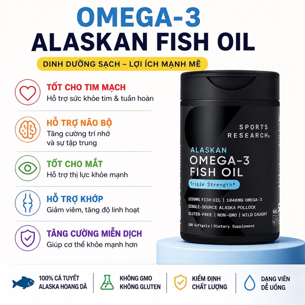 Sports Research Triple Alaskan Omega 3 Fish Oil 1250mg - 180 viên