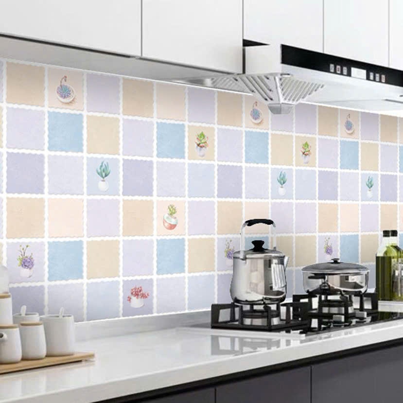 Cuộn 1m giấy dán bếp khổ 60cm tráng nhôm có sẵn keo - ô xanh sen đá