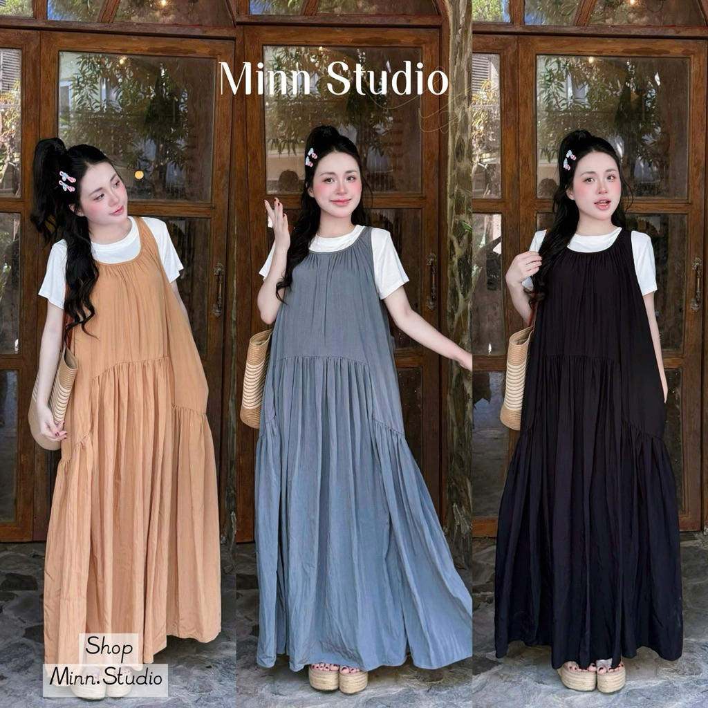 [Minn.Studio] Set Váy Yếm Babydoll Phom Maxi Kèm Áo Thun Trắng (Hàng Quảng Châu )