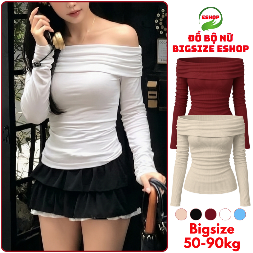 Áo Bigsize Tay Dài Vải Thun Nhũ ESHOP Áo Thun Nữ Trễ Vai Đẹp Dễ Thương MS059 Thời Trang Thiết Kế