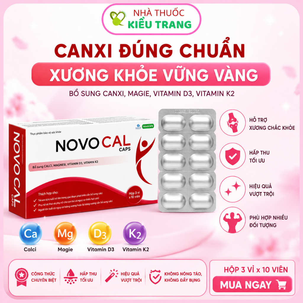 Canxi NOVOCAL caps - Bổ sung bộ 3 Canxi Magie D3K2 - Tăng cường sức khoẻ xương và cơ