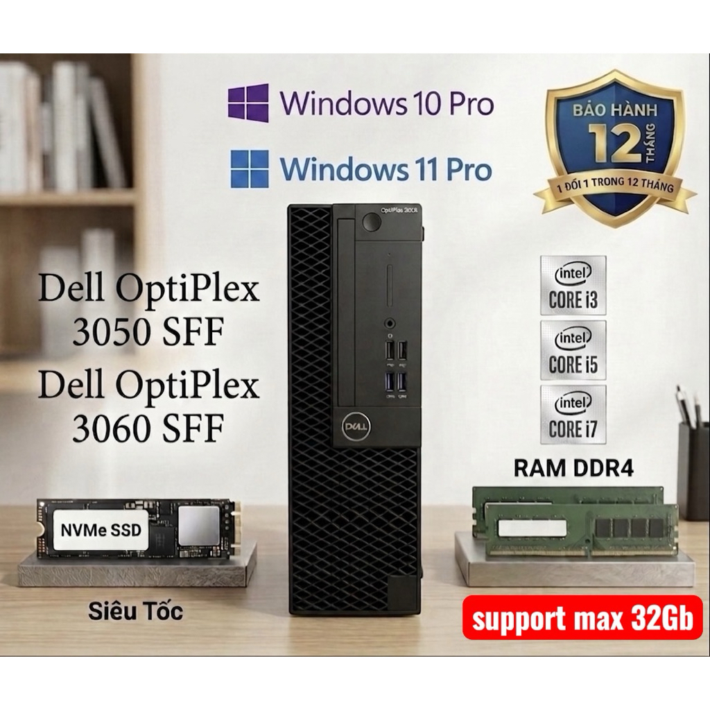 Máy tính Dell 3050,3060 SFF (Renew có box) ,ssd chuẩn nvme ,i3 7100,i5 7500,8500,i7 6700,i7 7700-870