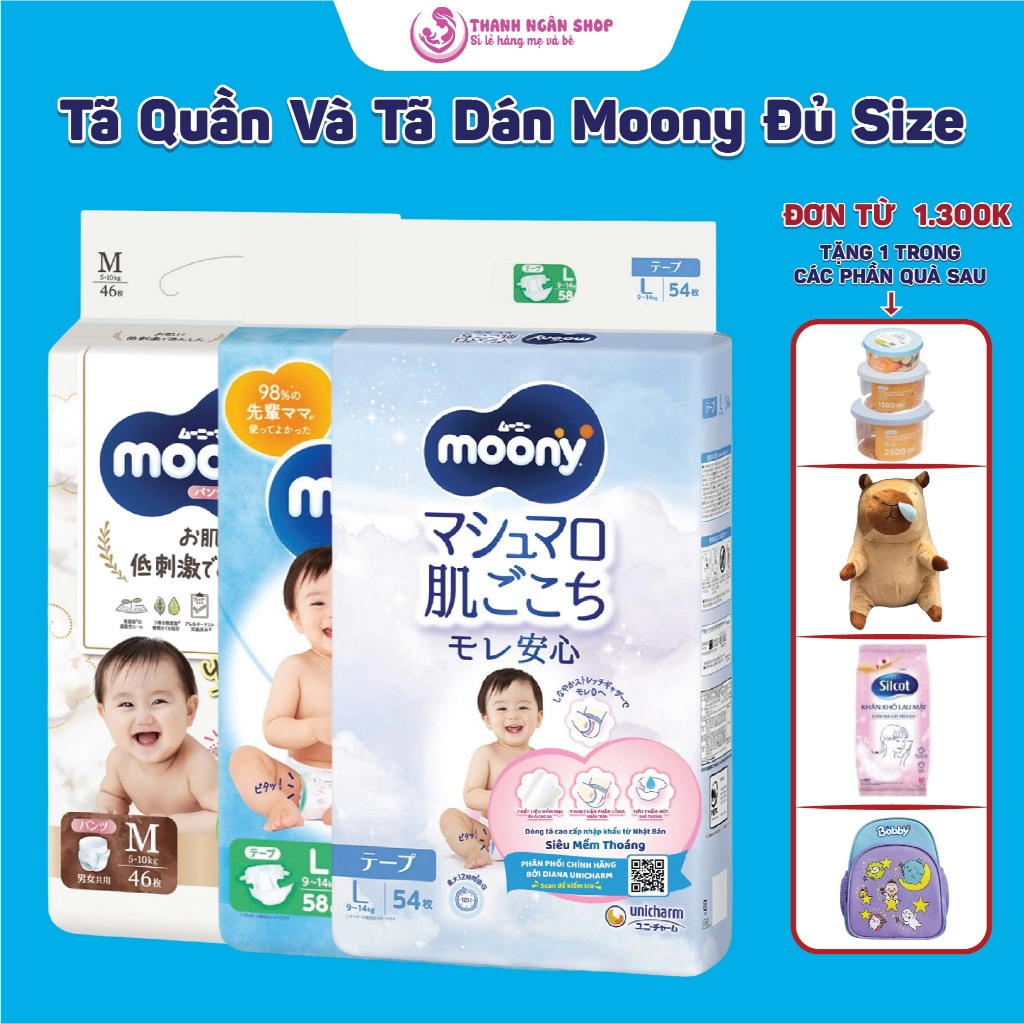 Bỉm Dán/Quần Moony Trắng (Natura) - Moony Xanh (Blue) Bé Trai Và Bé Gái - Moony Tặng Quà Trong Đơn -
