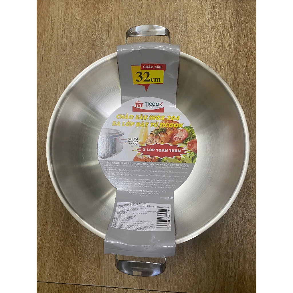 Chảo Inox 2 quai Sâu lòng 304 Ba Lớp Đáy Từ Cao Cấp Size 32cm (Ticook)
