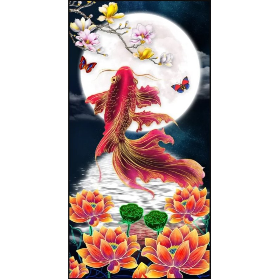 tranh thêu chữ thập phong cảnh cá chép trông trăng - - LV3535 (43x75)cm lv3559 (59x90)cm dx1014