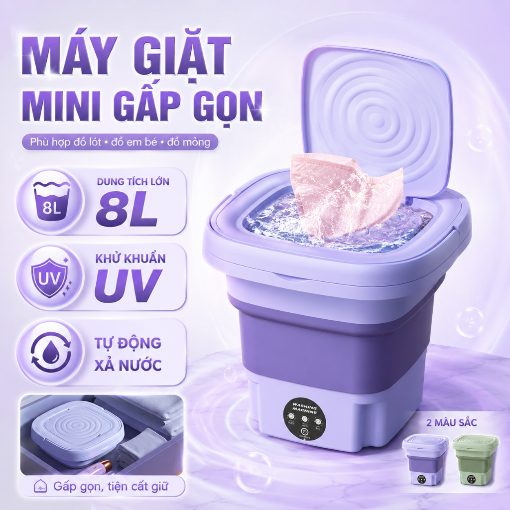 Máy giặt mini gấp gọn 8L& Máy giặt mini gấp gọn- Giặt đồ lót, tất, đồ bé, giặt-sấy 2 trong 1, tiết k