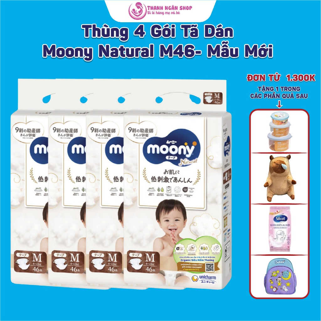 Thùng 4 Gói Tã Dán Moony Natura Size M46 - Moony Trắng - Moony Dịu Nhẹ - Moony Mẫu Mới Cho Bé 6-10 K