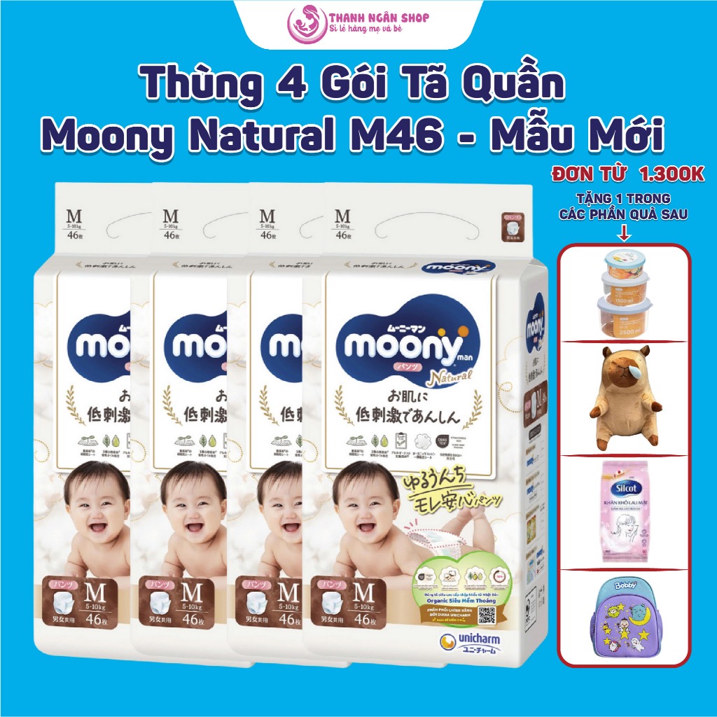 Thùng 3 Gói Tã Quần Moony Natura Size M46 - Moony Trắng - Moony Dịu Nhẹ - Moony Mẫu Mới Cho Bé 6-10 