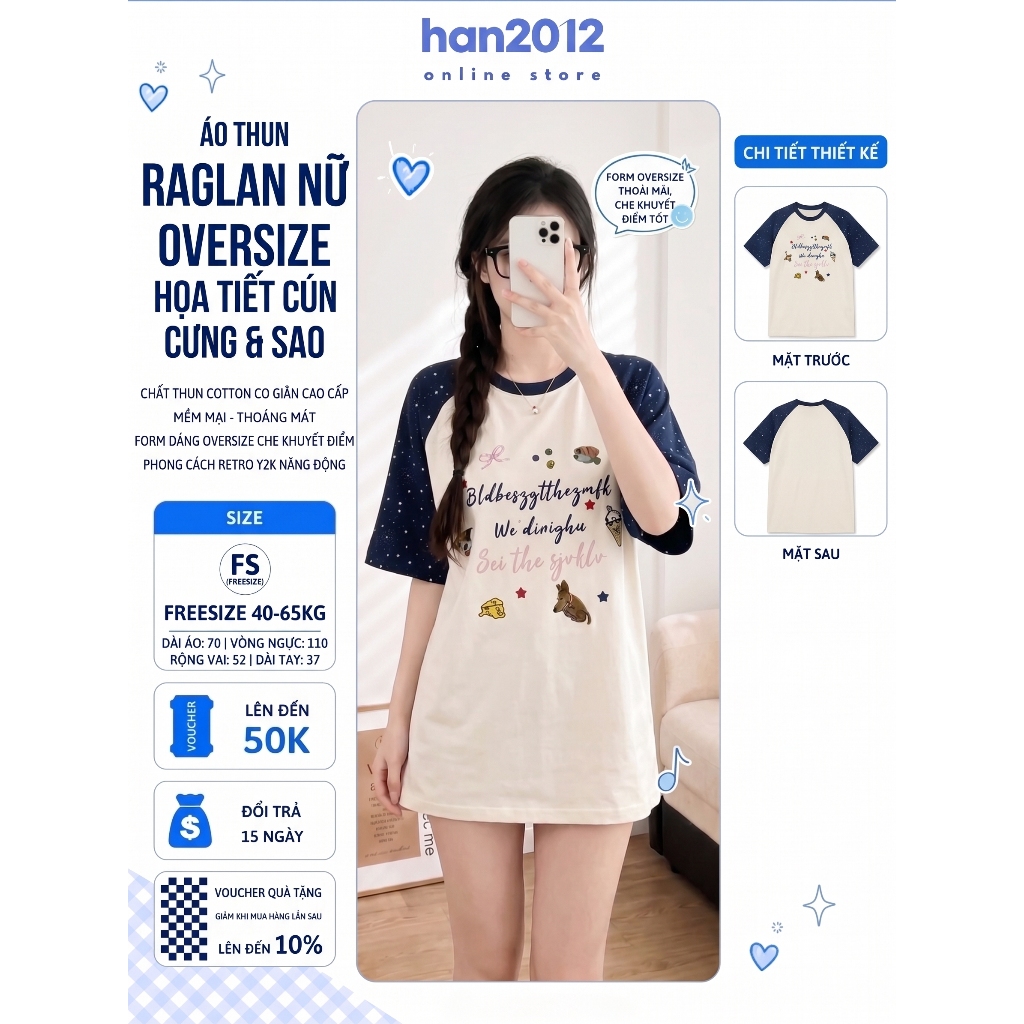 Áo thun nữ tay lỡ Raglan han2012 phối màu in sao dáng suông rộng phong cách Hàn Quốc Y2K (Freesize 4