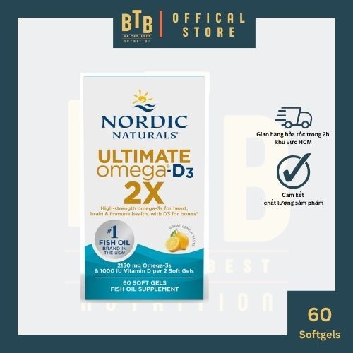 Viên dầu cá cao cấp Nordic Naturals Ultimate Omega-D3 2X - 60 viên hương chanh hàm lượng cao bổ sung