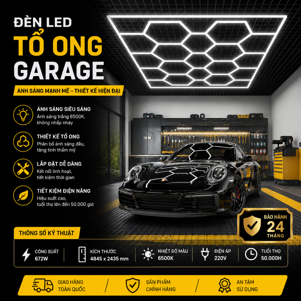 672W Đèn LED Lưới Tổ Ong Cho Garage | Đèn Garage Hình Lục Giác | Ánh Sáng Siêu Sáng Cho Xưởng Sửa Ch