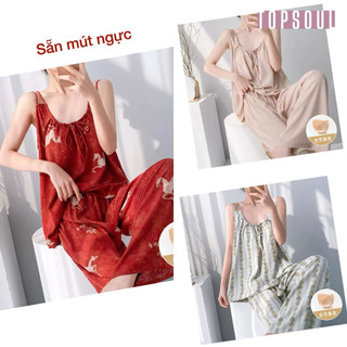 Bộ 2 dây mặc nhà lanh tole mềm mát sẵn mút ngực tiện dụng mặc nhà, mặc ngủ b2d