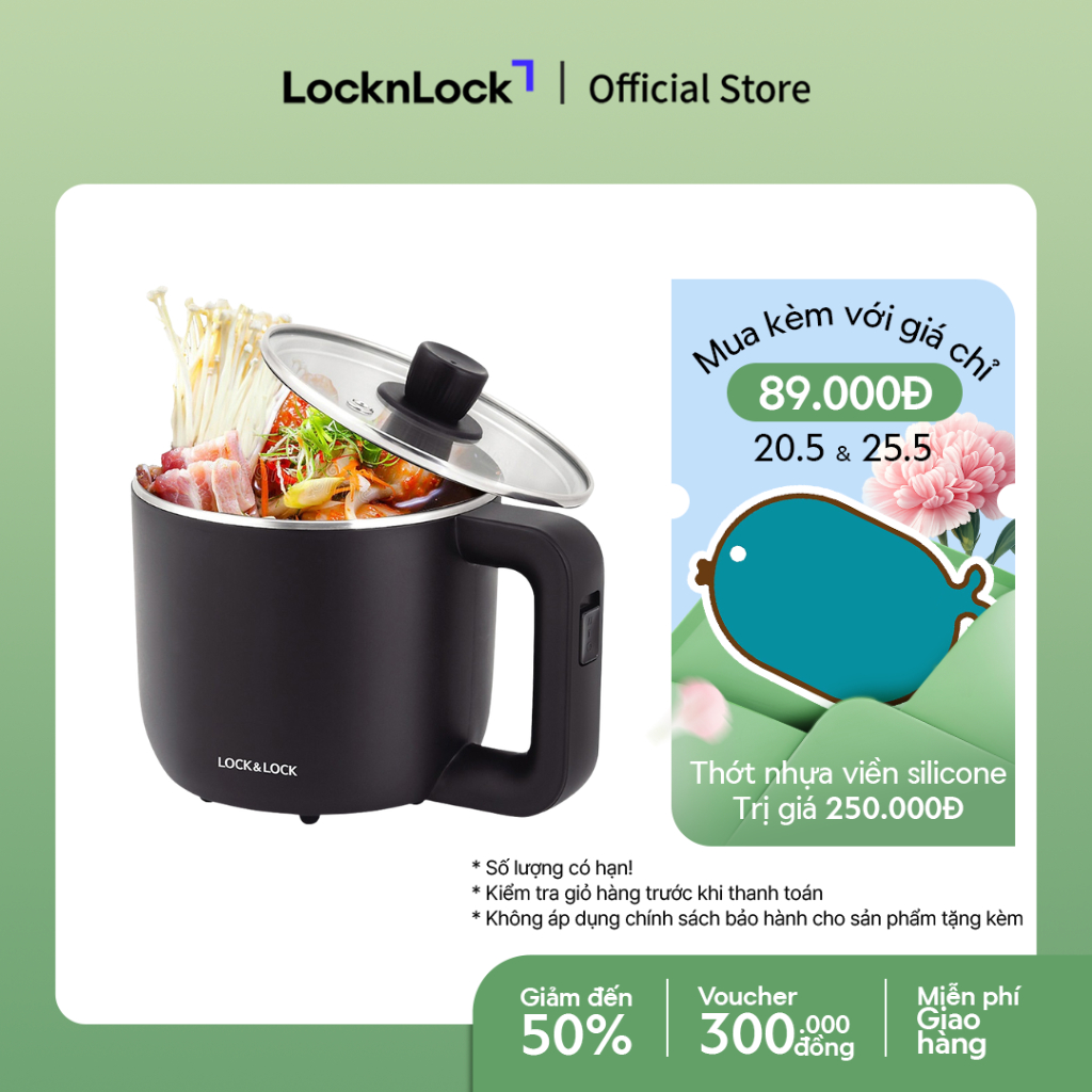 Nồi điện đa năng Lock&Lock 0.8L, 220V, 50Hz, 600W - màu đen - EJP116BLK
