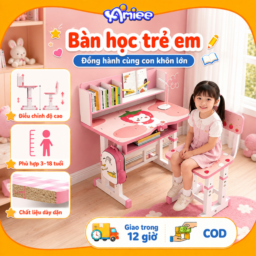 bàn học,bàn học cho bé,Bàn+ghế có thể nâng hạ kèm,Tăng chỉnh 2 tuổi+,Bàn học gỗ tự nhiên chỉnh cao
