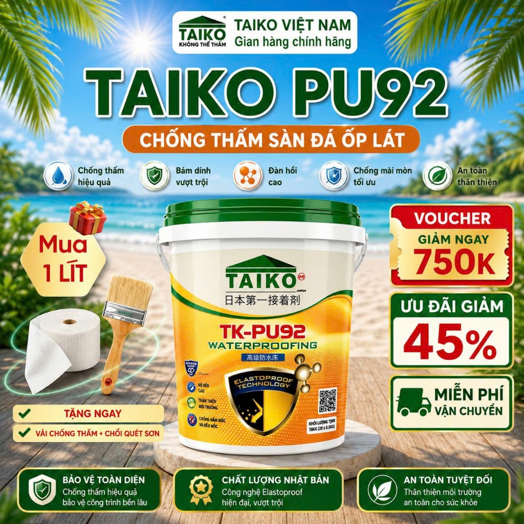 [10 Lít] Sơn Chống Thấm PU TAIKOMI PU92 | Sàn Lộ Thiên Ốp Lát – Siêu Bám Dính, Chịu Mài Mòn, Nhanh K