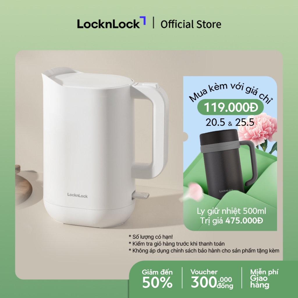Ấm đun siêu tốc giảm âm LocknLock Silent electric kettle 1.2L- Màu trắng EJK216WHT