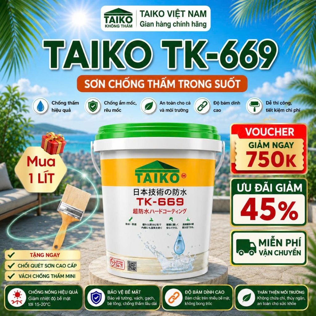 Sơn Chống Thấm TAIKOMI TK-669 Trong Suốt 2 Lít - Xử Lý Thấm Dột Nhà Vệ Sinh, Sàn Ốp Lát, Gỗ, Đá, Kim