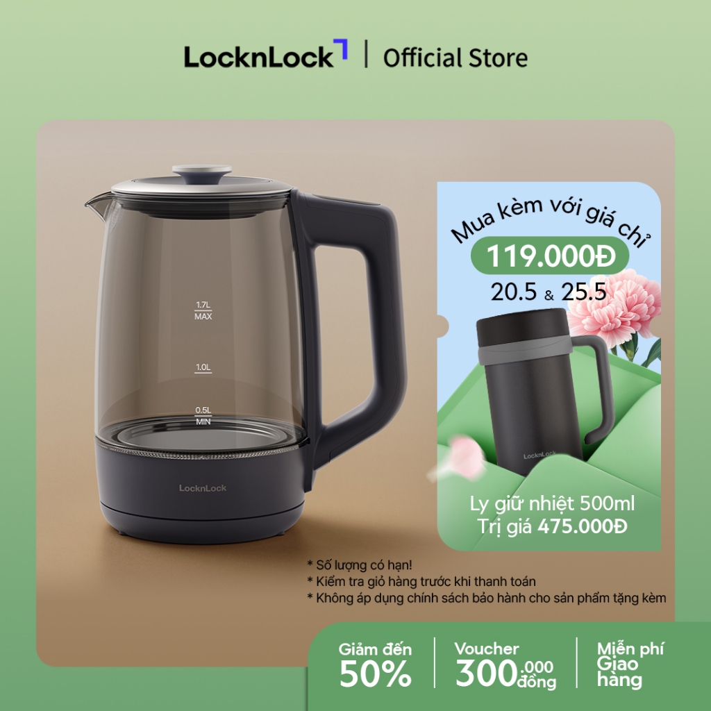 Ấm đun siêu tốc 5 mức nhiệt LocknLock Smart glow glass electric kettle 1.7L EJK276GRY