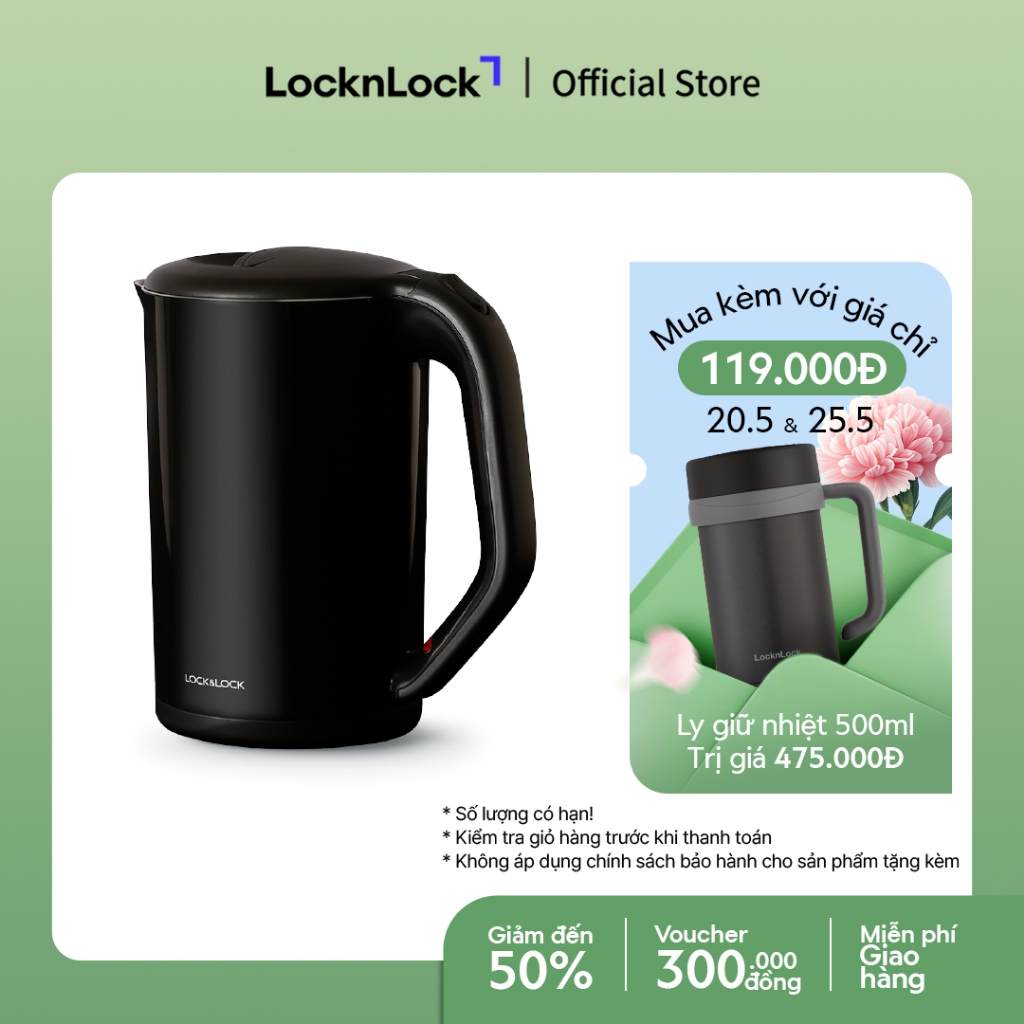 Ấm đun bằng thép không gỉ Lock&Lock, 1.7L màu đen EJK738BLK