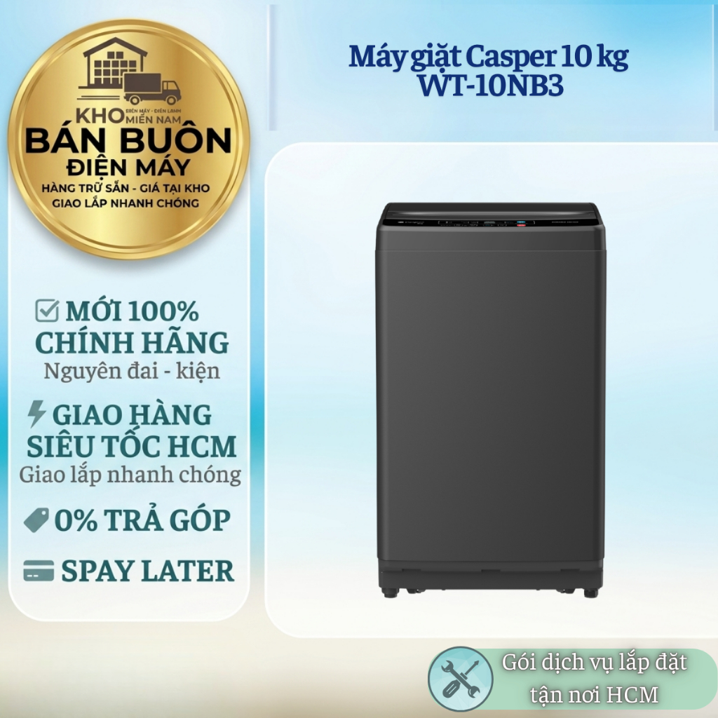 WT-10NB3 Máy giặt Casper – 10kg, lồng đứng, Inverter, giặt sạch sâu WT-10NB3
