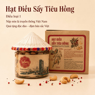 Hạt Điều Sấy Tiêu Hồng Nam Xanh, Hộp Giấy Nắp Nón Lá Truyền Thống Việt Nam 130G (170G)