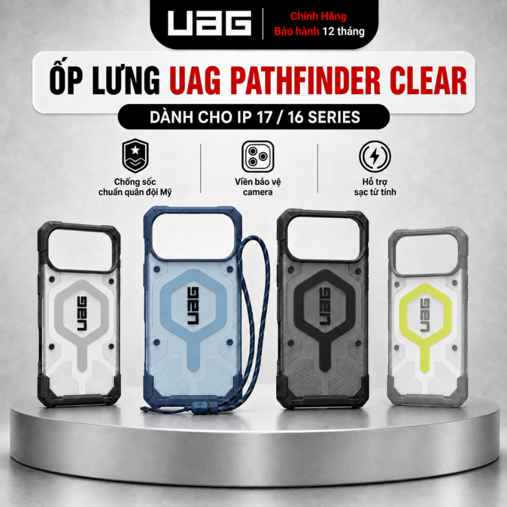 Ốp Lưng UAG Pathfinder Clear Sạc Từ Tính – Chống Sốc Chuẩn Quân Đội lên tới 4.8m Dành Cho iPhone 17/