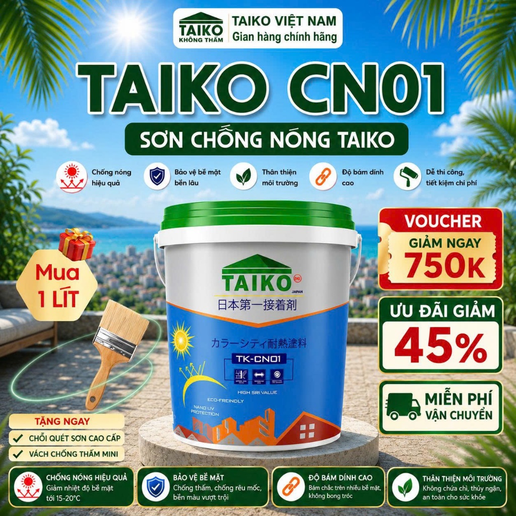 [Thùng 10L] Sơn Chống Nóng TAIKO CN01 | Mái Tôn, Tôn Lạnh, Tấm Fibro, Téc Nước, Tường, Bê Tông