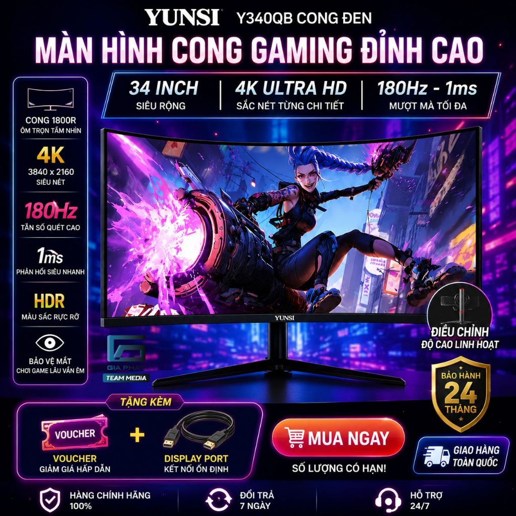 Màn Hình 34inch 4K Yunsi Y340QB (240Hz, 3440x1440, 1ms, DP+HDMI, có thể nâng hạ) chính hãng bảo hành