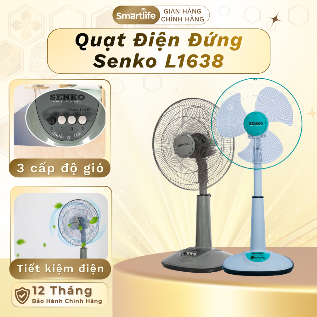 Quạt Điện Đứng Senko L1638, công suất 47W, lõi đồng êm ái, quạt điện đứng lỡ 3 mức độ gió tùy chỉnh không gây tiếng ồn