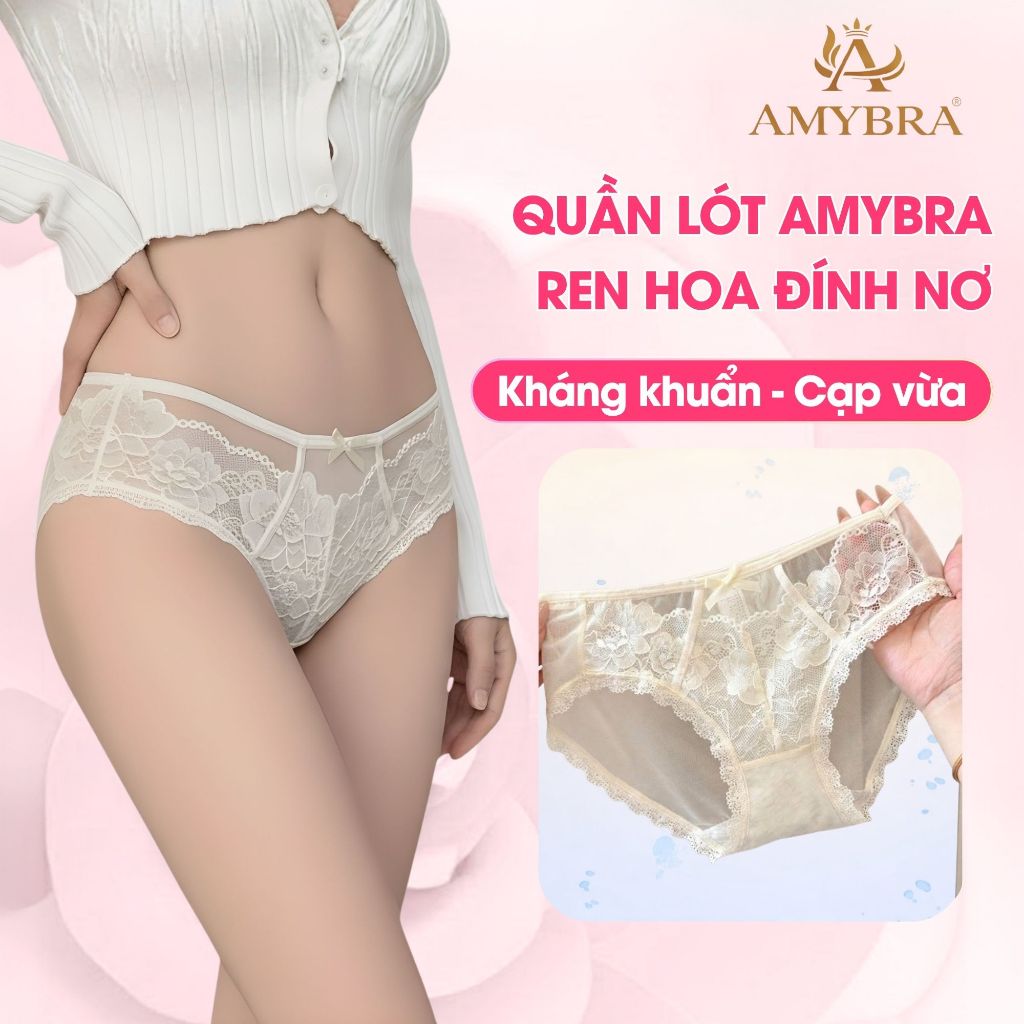 Quần Lót Nữ Ren Cạp Vừa Đính Nơ Nhẹ Tinh Tế, Quần Chip Nữ  Đáy May Kháng Khuẩn AMYBRA L8809