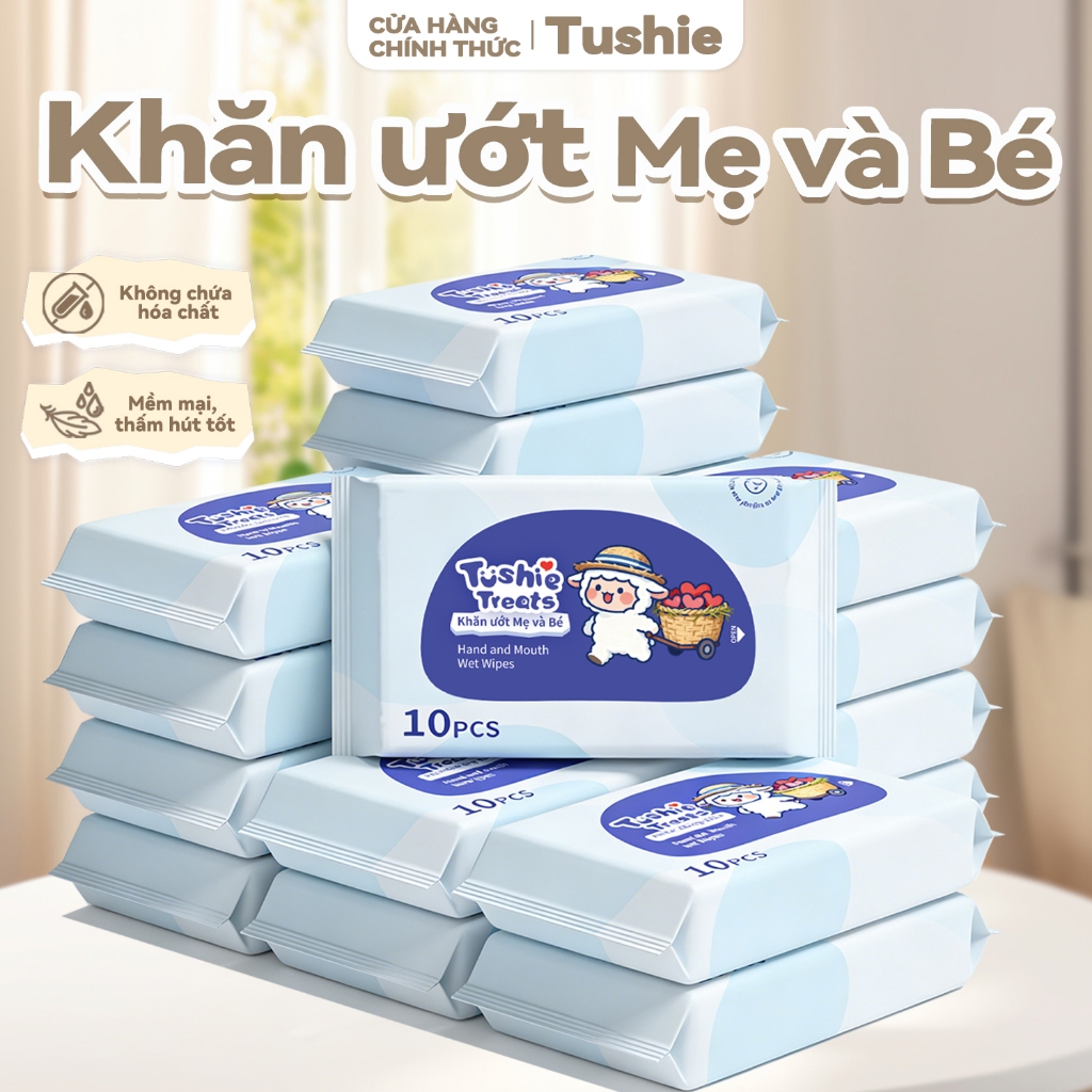 【Bịch 10 Gói】Khăn ướt mini Tushie Treats - Khăn Giấy Ướt Bỏ Túi Siêu Tiện Lợi, 0% Cồn An Toàn Cho Da