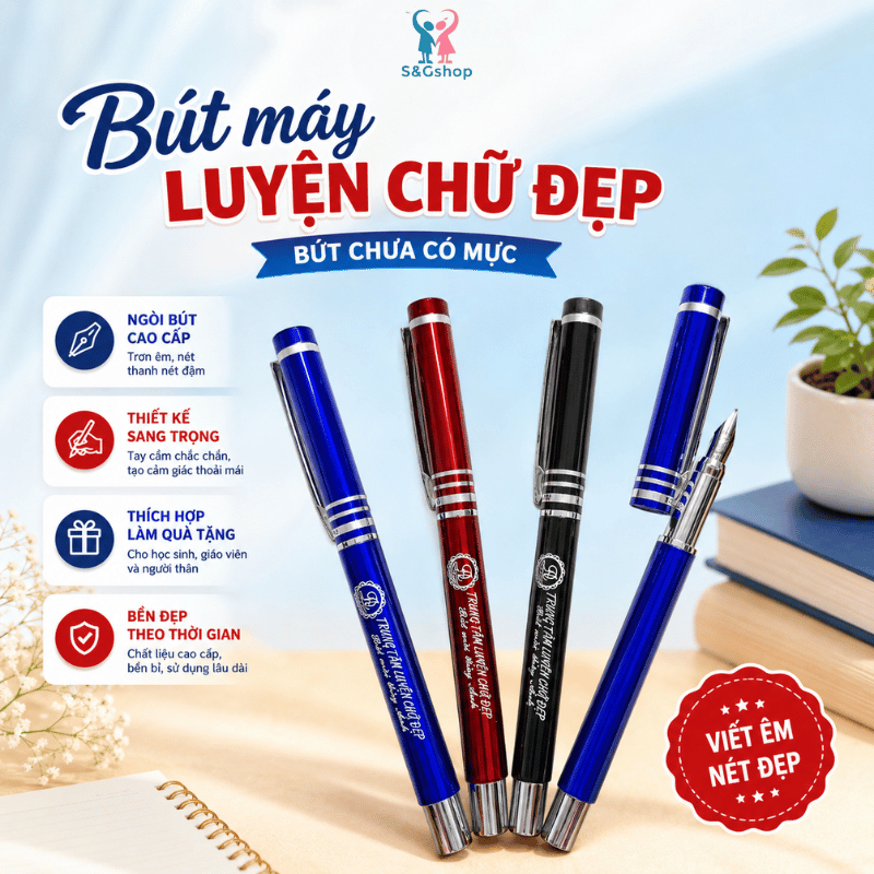 Bút máy luyện chữ đẹp, bút mài Thầy Ánh EB6100 dành cho học sinh từ lớp 1 đến 5 có 3 màu xanh,đen, đ