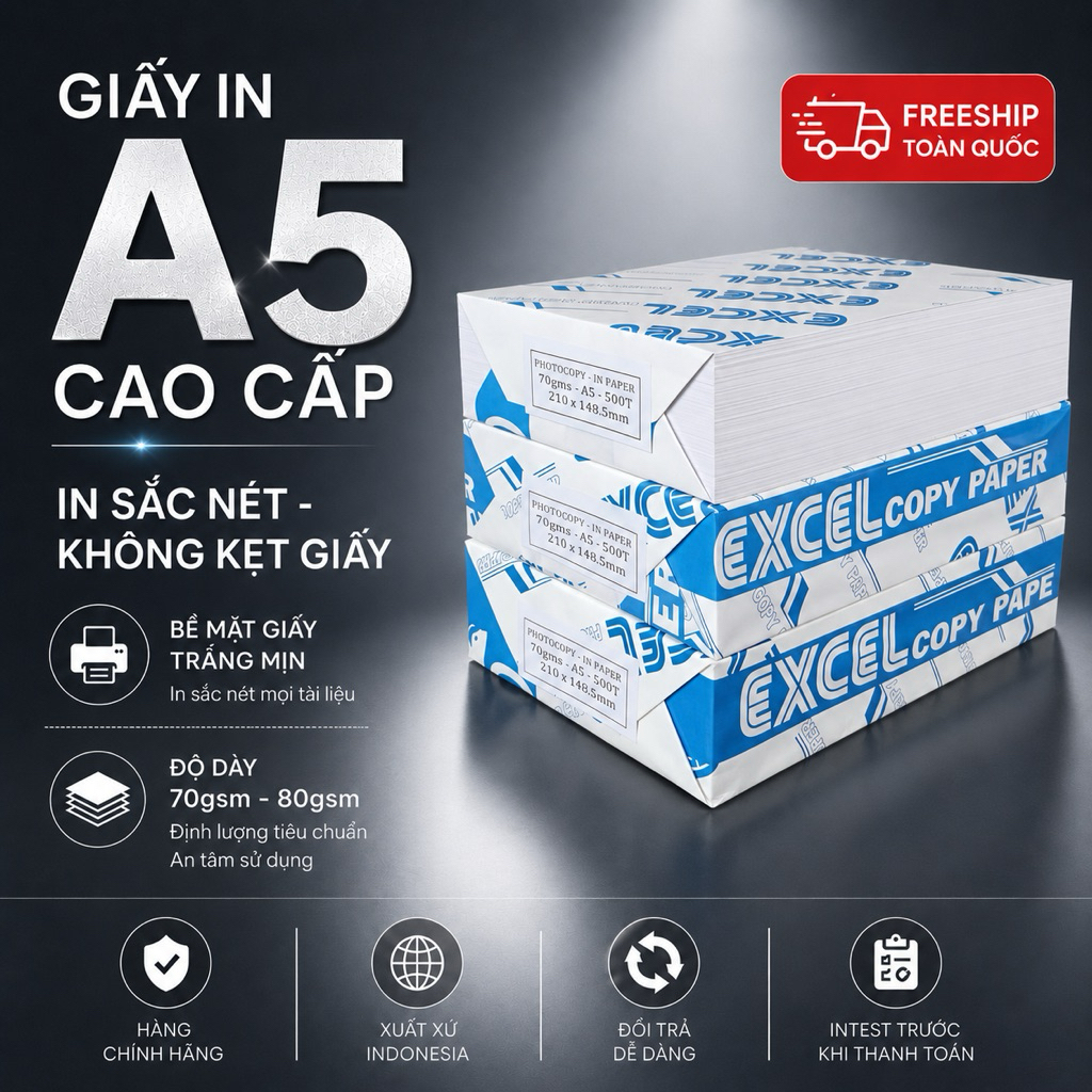 Giấy A5 70-80gsm Chính Hãng, 500 Tờ/Ream, Giấy In A5 Mịn Không Kẹt Máy, Giấy Photo A5 Giá Tốt