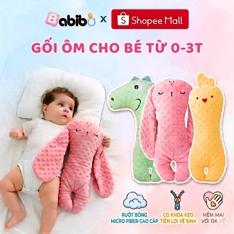Gối Ôm Cho Bé Sơ Sinh 0-3T BABIBO, Thú Bông Ôm Ngủ Mềm Mại, Gối Ngủ Cho Bé Có Khóa Kéo Tháo Giặt
