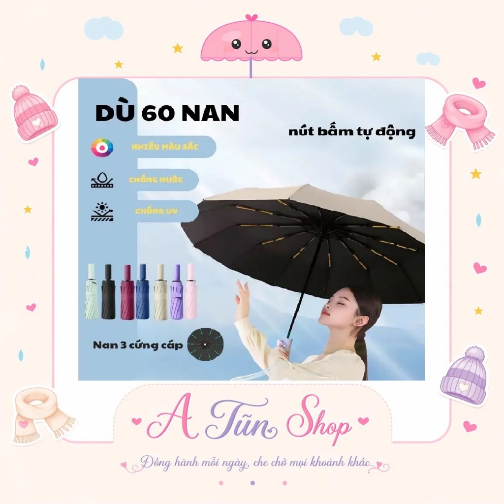 Ô U60 Cao Cấp 60 Nan Chắc Chắn, Tán Rộng Chống Nắng Mưa, Nhiều Màu