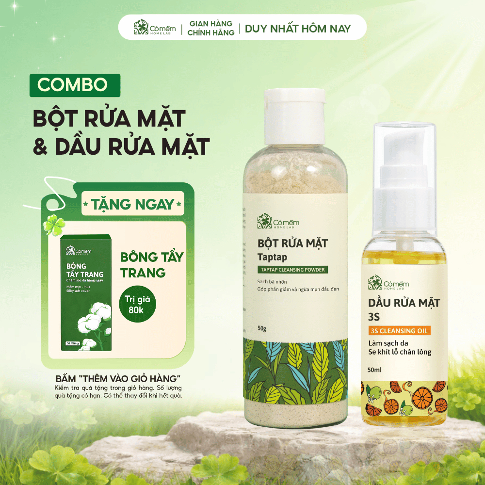 Combo Rửa Mặt 2 Bước Sạch Sâu Gồm Bột Rửa Mặt Và Dầu Tẩy Trang 3S Cỏ Mềm
