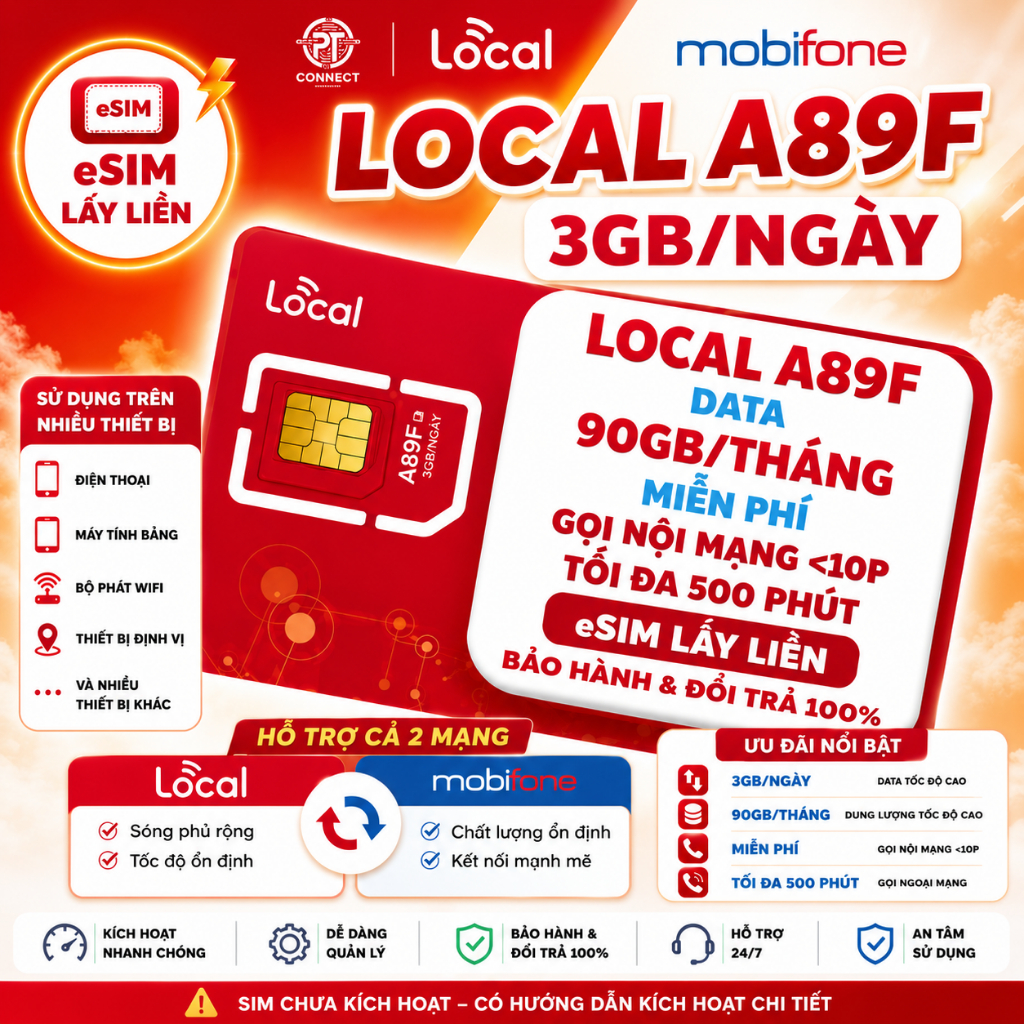 Sim 4G 3GB/Ngày tốc độ cao Mobifone – LOCAL A89F – 90GB/Tháng, eSIM Lấy Liền