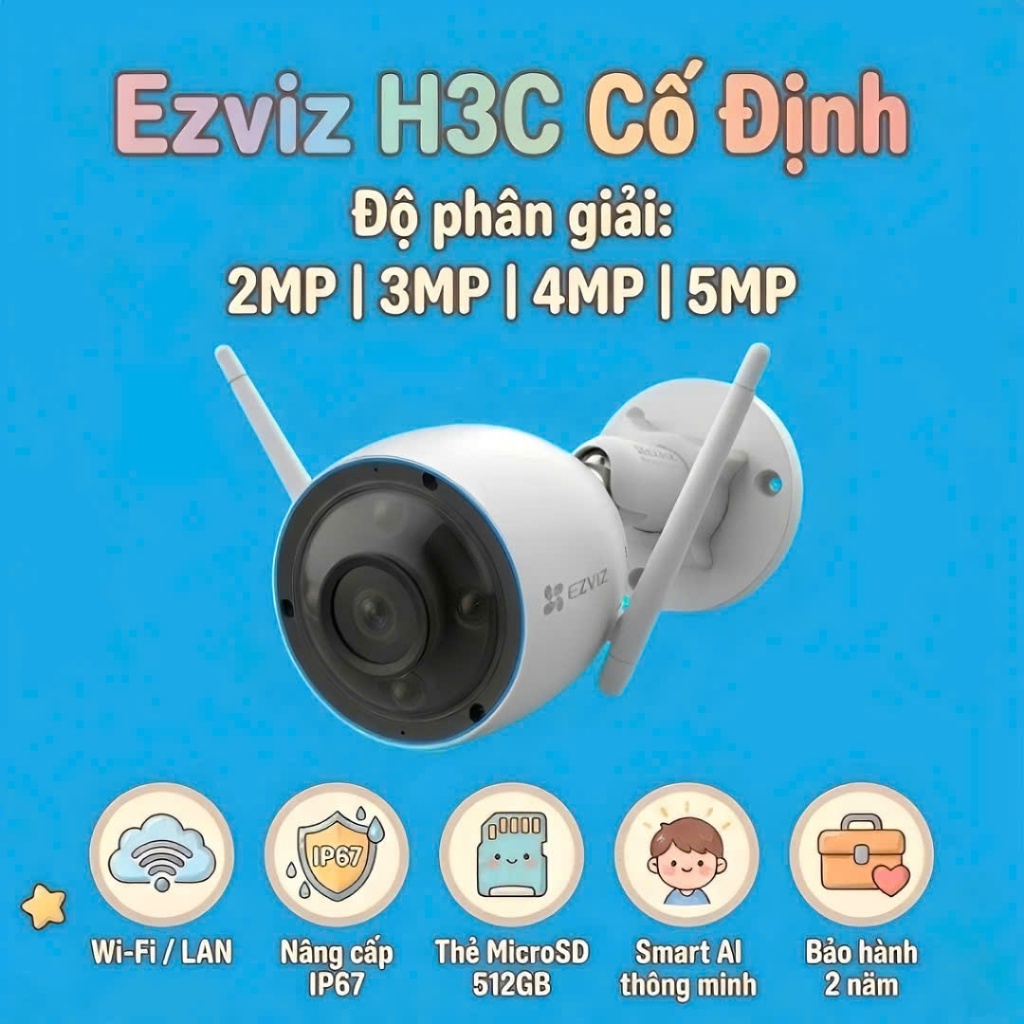 (TẶNG HỘP KT)Camera WiFi EZVIZ Cố Định H3C 2MP/3MP/4MP/5MP ngoài trời IP67,bảo hành 2 năm