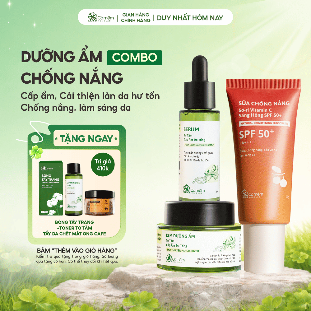Bộ Chăm Sóc Da 3 Bước Sữa Chống Nắng Sơ-ri Vitamin C Serum Kem Dưỡng Cấp Ẩm Đa Tầng Tơ Tằm Cỏ Mềm