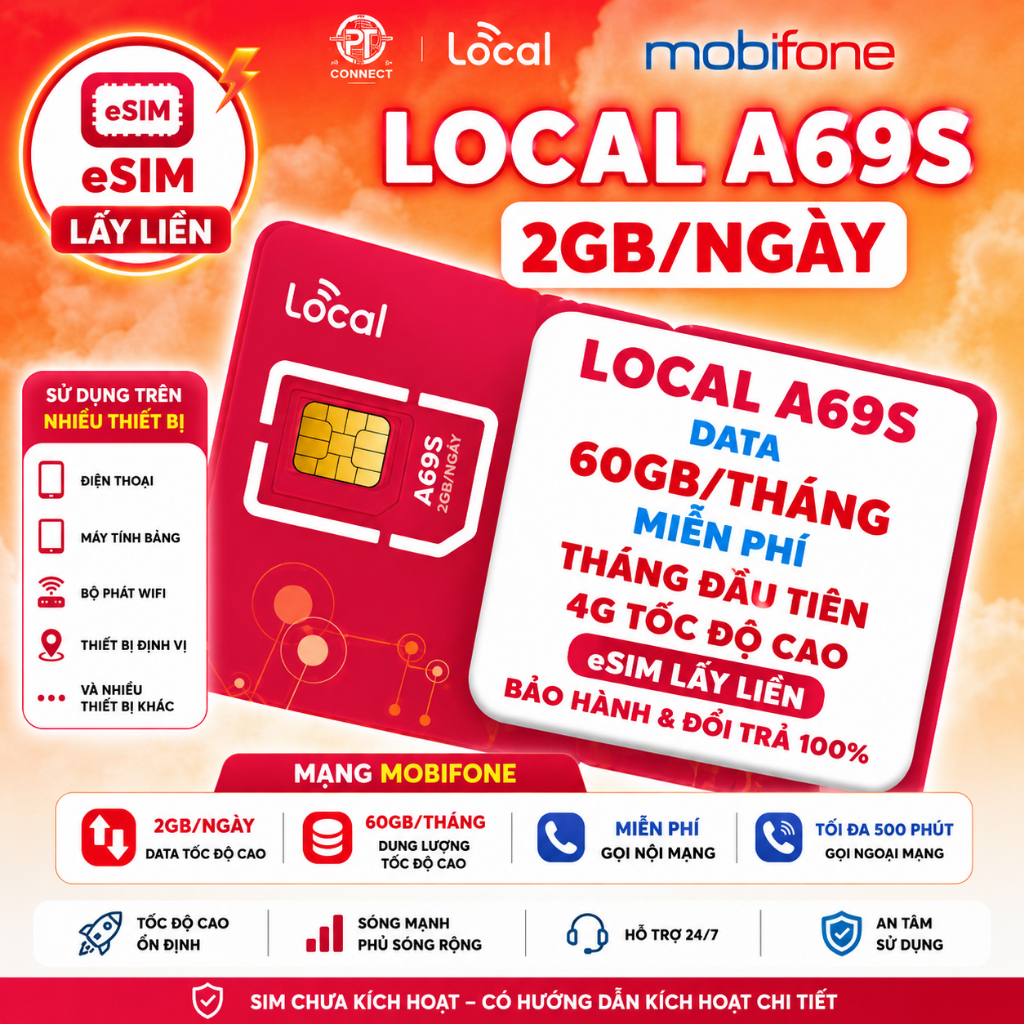 Sim 4G 2GB/Ngày tốc độ cao Mobifone – LOCAL A69S – 60GB/Tháng, eSIM Lấy Liền
