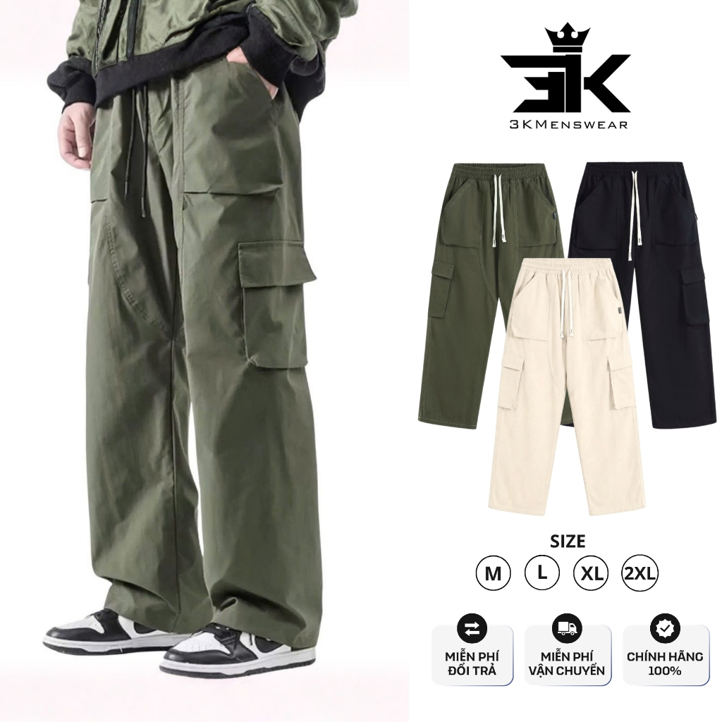 Quần Cargo kaki túi hộp 3KMENSWEAR, Quần Dài jean from uNIsex dáng suông form 45-85kg Có Túi