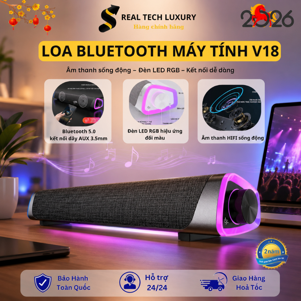 Loa Máy Tính Bluetooth Soundbar V8 NIYE Có Dây Cắm, Led RGB, Âm Thanh Vòm 8D Sống Động Cực Hay