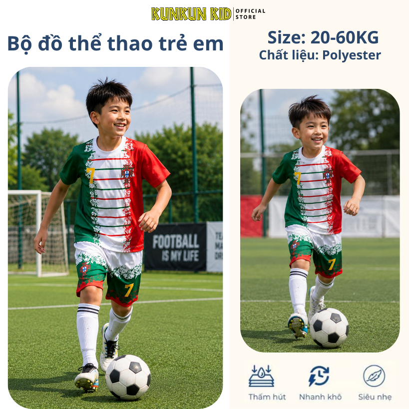 Đồ Đá Bóng Trẻ Em Cầu Thủ Nhí Cho Bé Trai Chất Vải Thể Thao Cao Cấp Siêu Nhẹ Nhanh Khô TP1293 - Kunk