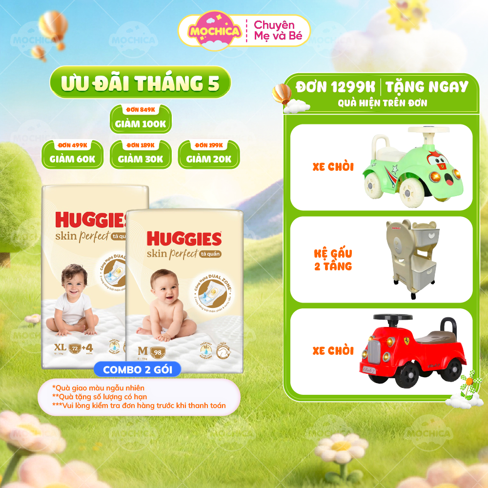Combo 2 Tã/bỉm dán/quần Huggies Skin Perfect NB76/S80+2/M76+3 với 2 vùng thấm giảm kích ứng_Mochica