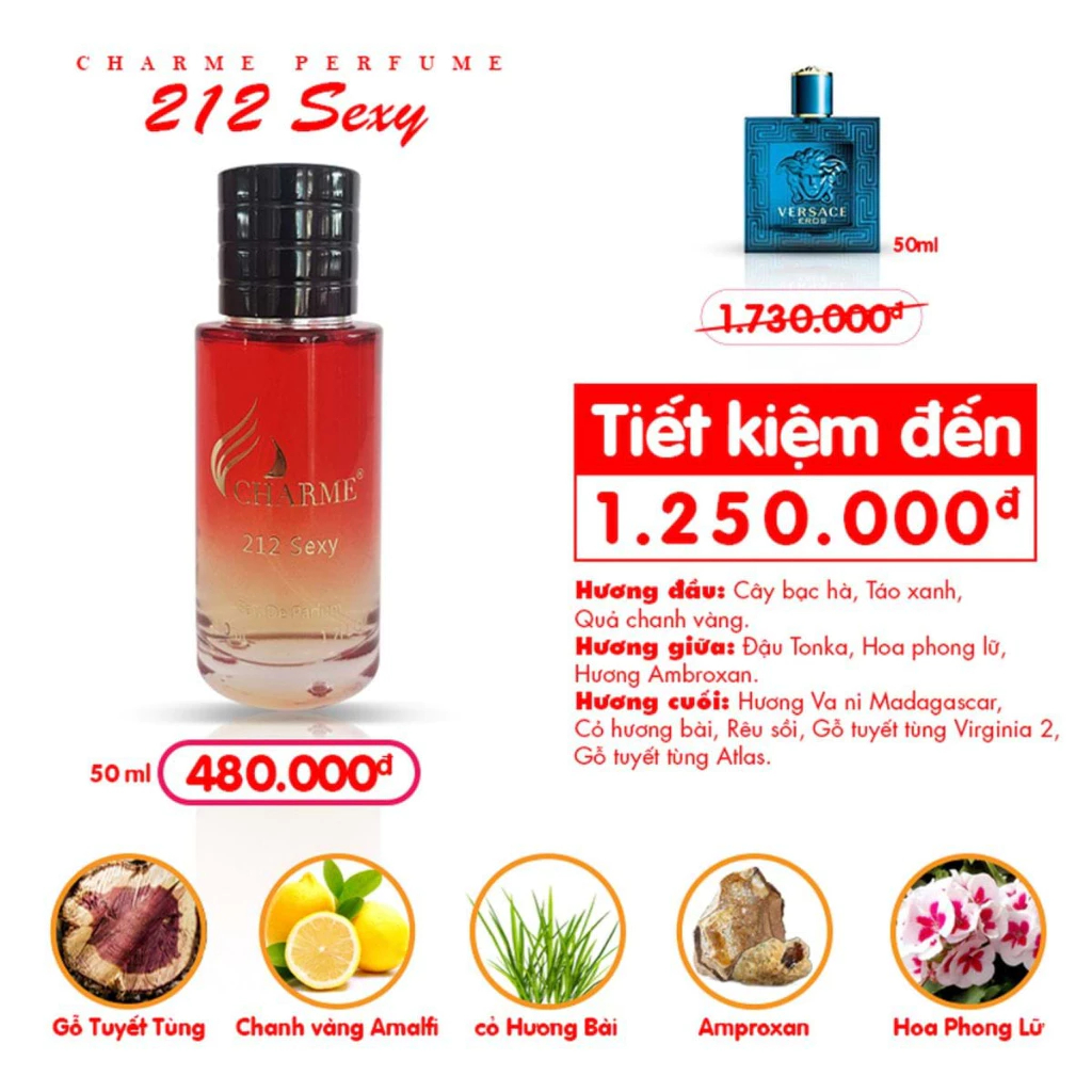 NƯỚC HOA NAM CHARME 212 SEXY 50ML GỢI CẢM, SÀNH ĐIỆU, CÁ TÍNH