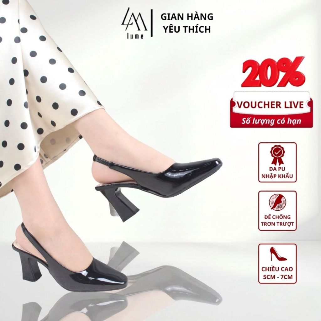 Giày Sục Quai Hậu Da Bóng Cao Gót Nữ, Mũi Vuông Màu Đen Da PU Cao Cấp, Đế Cao Su Non Chống Trơn Trượ