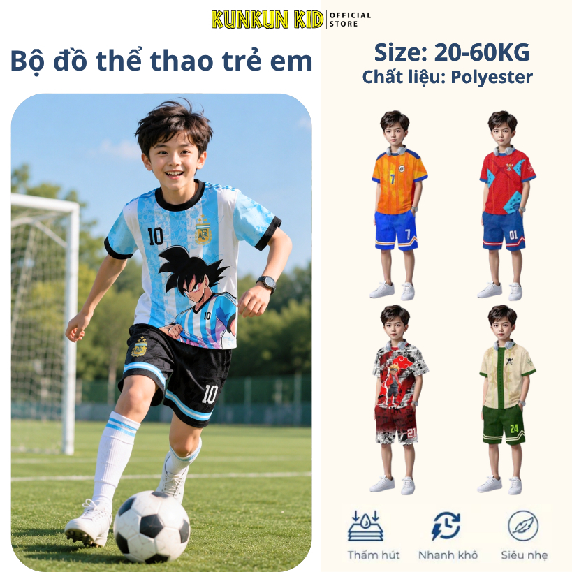 Đồ Bộ Thể Thao Bé Trai In 3D nhân vật hoạt hình Cao Cấp,Đá Banh, Bóng Rổ TP1347-1350 | KunKun Kids